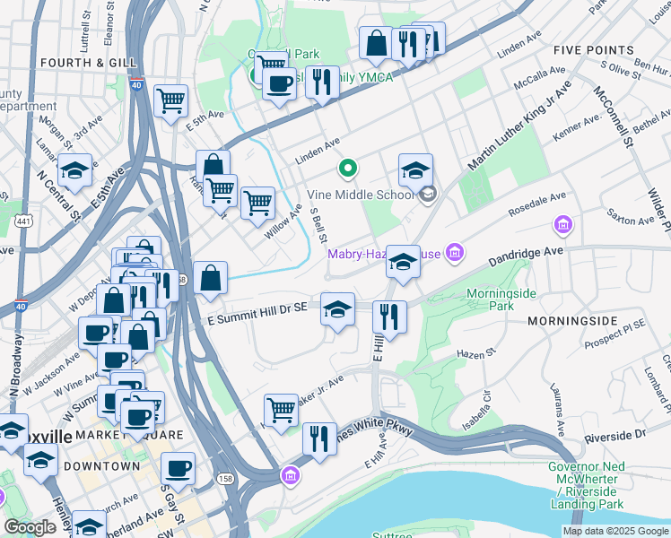 map of restaurants, bars, coffee shops, grocery stores, and more near Mee Street Southeast in Knoxville