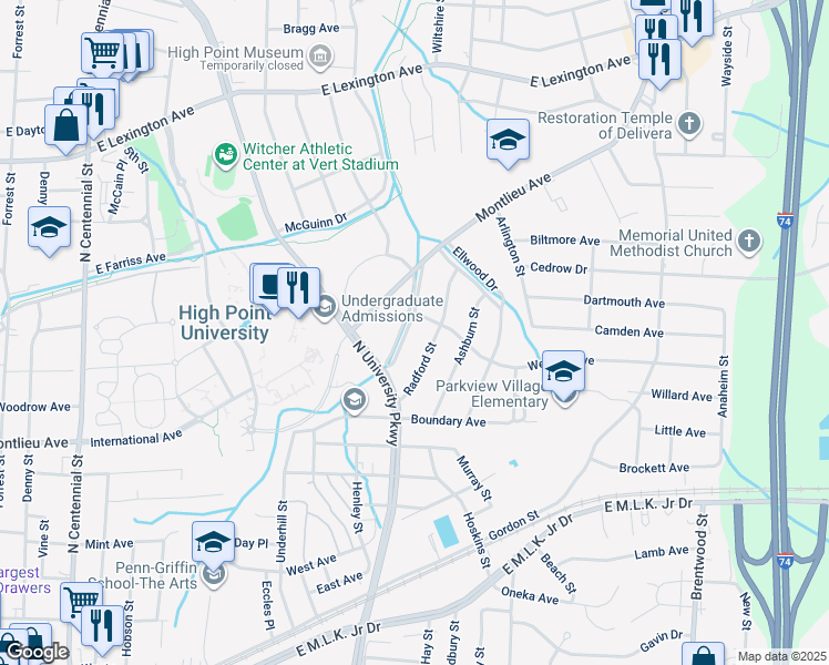 map of restaurants, bars, coffee shops, grocery stores, and more near 1024 Meadowbrook Boulevard in High Point