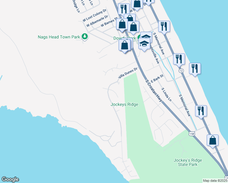 map of restaurants, bars, coffee shops, grocery stores, and more near 158 Nags Way Court in Nags Head