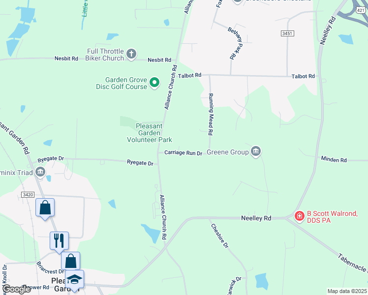 map of restaurants, bars, coffee shops, grocery stores, and more near 1407 Carriage Run Dr in Pleasant Garden