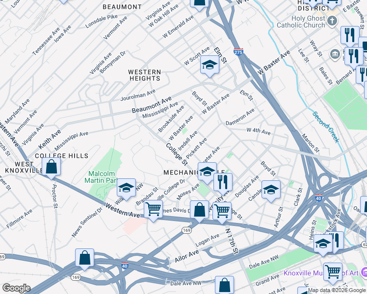 map of restaurants, bars, coffee shops, grocery stores, and more near 1414 Iredell Avenue in Knoxville