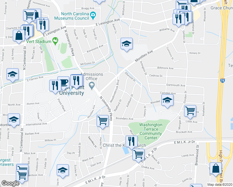 map of restaurants, bars, coffee shops, grocery stores, and more near 1024 Meadowbrook Boulevard in High Point