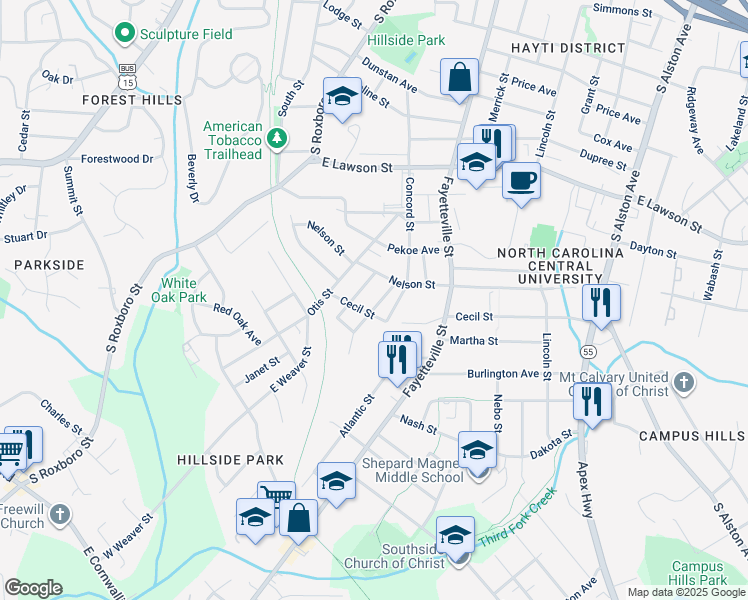 map of restaurants, bars, coffee shops, grocery stores, and more near 2216 Fitzgerald Avenue in Durham