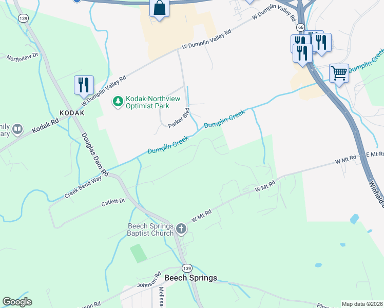 map of restaurants, bars, coffee shops, grocery stores, and more near 165 Clear Creek Way in Kodak
