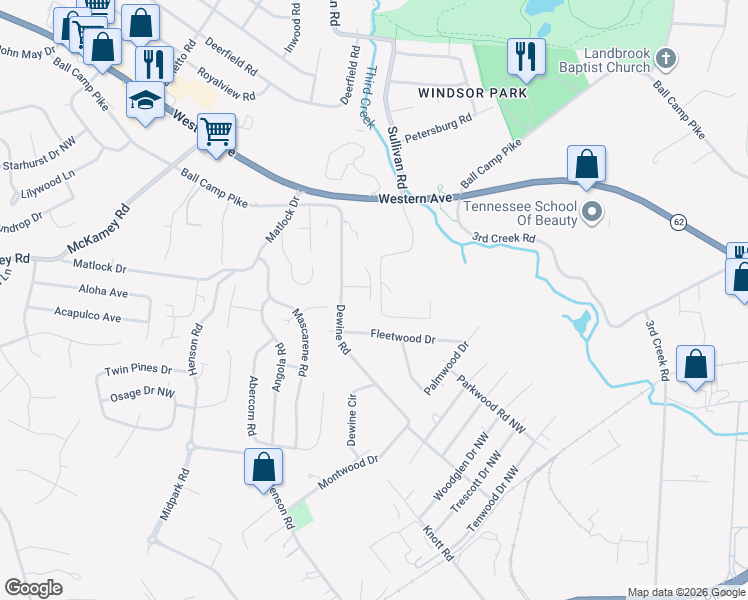 map of restaurants, bars, coffee shops, grocery stores, and more near 3202 Sweet Pine Way in Knoxville