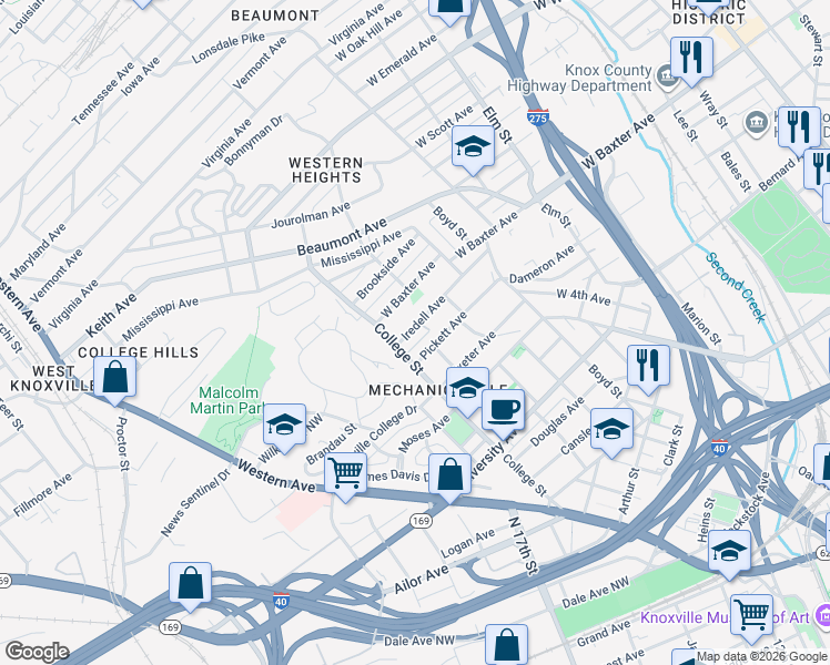 map of restaurants, bars, coffee shops, grocery stores, and more near 1414 Iredell Avenue in Knoxville