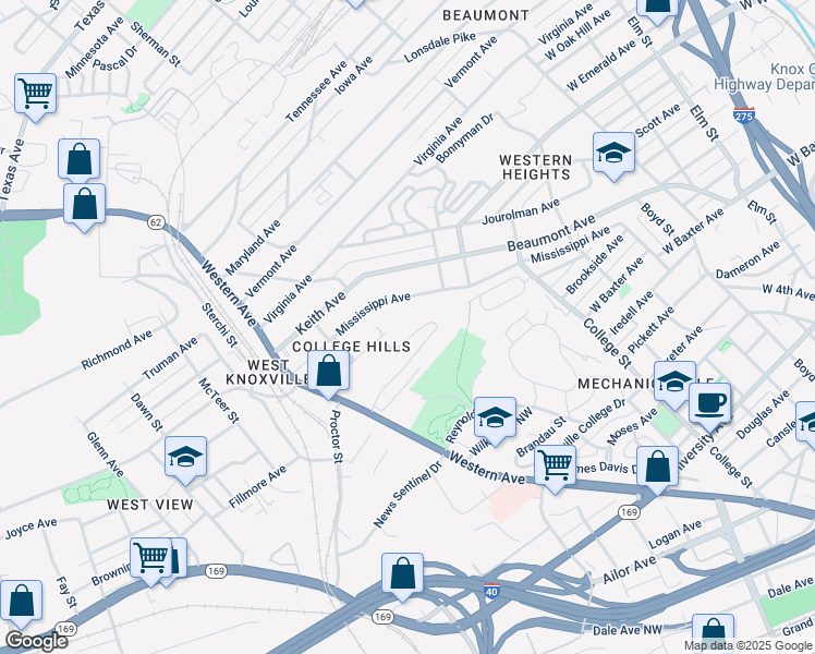 map of restaurants, bars, coffee shops, grocery stores, and more near 2121 Ridgebrook Lane in Knoxville