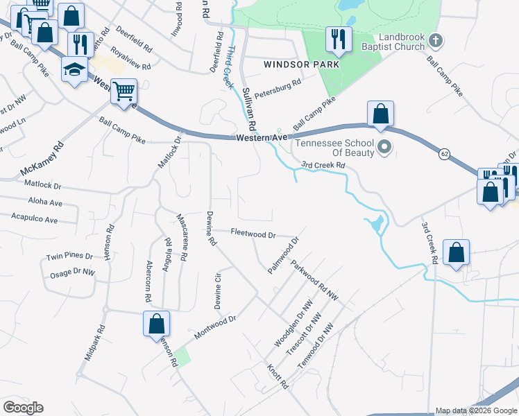 map of restaurants, bars, coffee shops, grocery stores, and more near 5000 Western Avenue in Knoxville