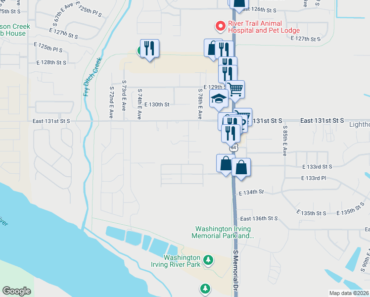 map of restaurants, bars, coffee shops, grocery stores, and more near 7810 East 132nd Place South in Bixby