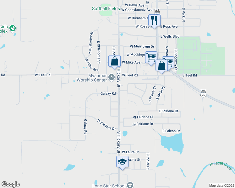 map of restaurants, bars, coffee shops, grocery stores, and more near 2325 South Hickory Street in Sapulpa