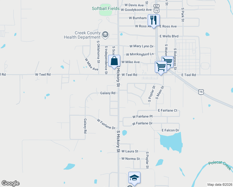 map of restaurants, bars, coffee shops, grocery stores, and more near 2325 South Hickory Street in Sapulpa