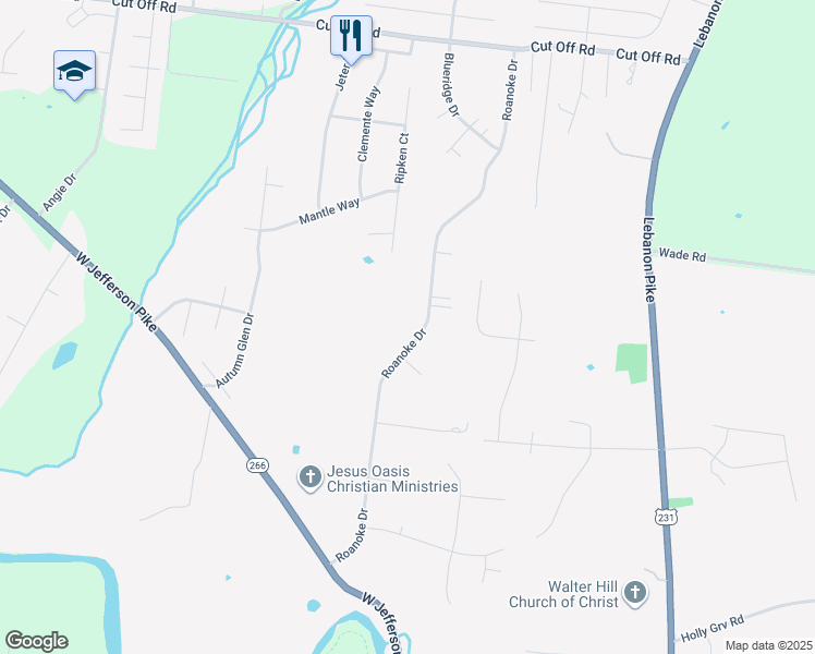 map of restaurants, bars, coffee shops, grocery stores, and more near 10023 Roanoke Drive in Murfreesboro