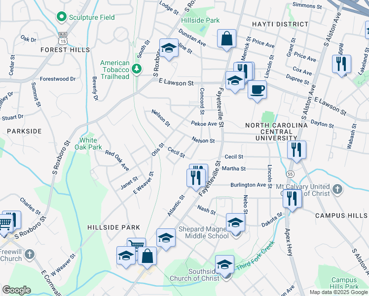 map of restaurants, bars, coffee shops, grocery stores, and more near 2216 Fitzgerald Avenue in Durham