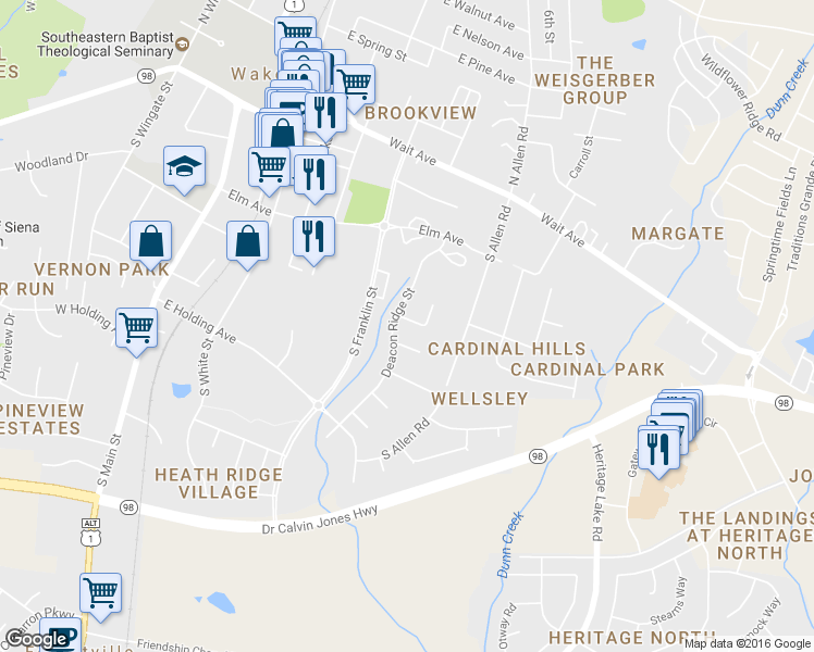 map of restaurants, bars, coffee shops, grocery stores, and more near 608 Cala Lilly Lane in Wake Forest