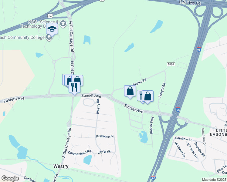 map of restaurants, bars, coffee shops, grocery stores, and more near Arrow Road in Rocky Mount