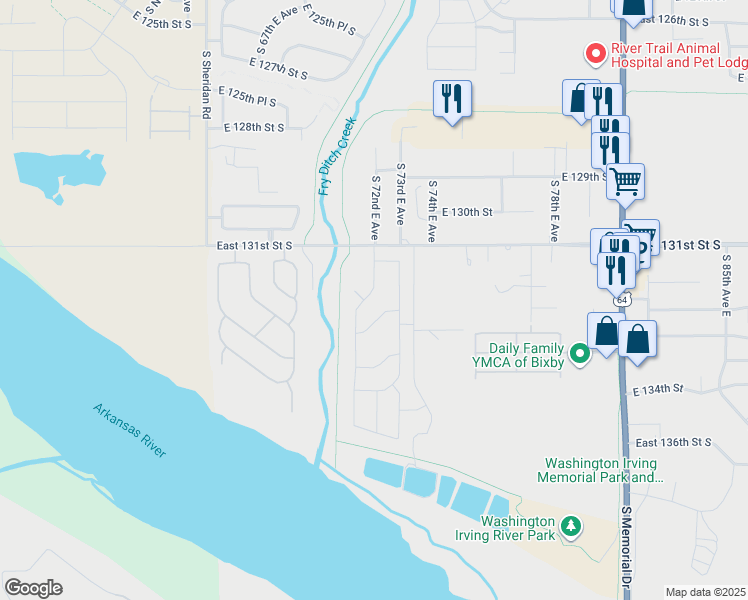 map of restaurants, bars, coffee shops, grocery stores, and more near Fry Ditch Creek Trail in Bixby