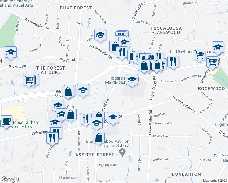 map of restaurants, bars, coffee shops, grocery stores, and more near 2839 Chapel Hill Road in Durham