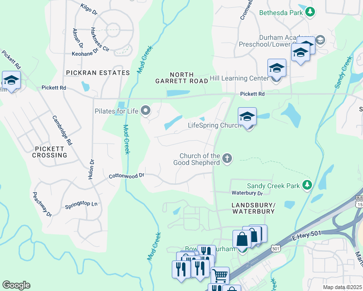 map of restaurants, bars, coffee shops, grocery stores, and more near 32 Porchlight Court in Durham