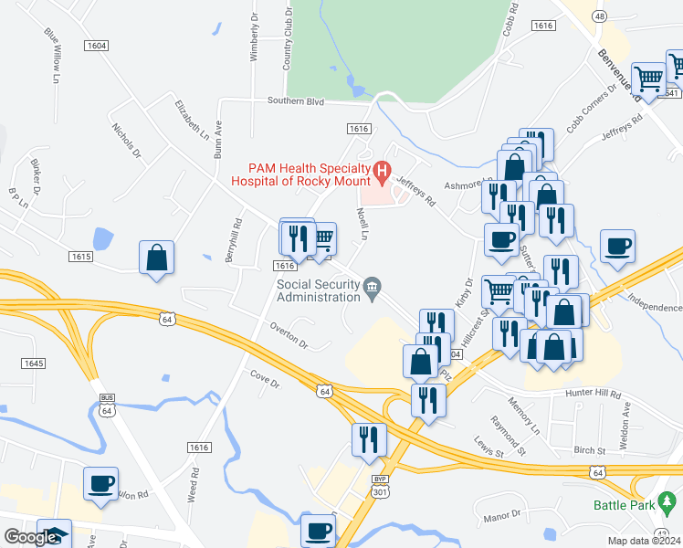 map of restaurants, bars, coffee shops, grocery stores, and more near 812 Noell Lane in Rocky Mount