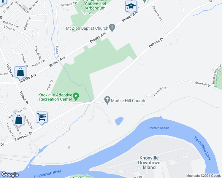 map of restaurants, bars, coffee shops, grocery stores, and more near 2604 Delrose Drive in Knoxville