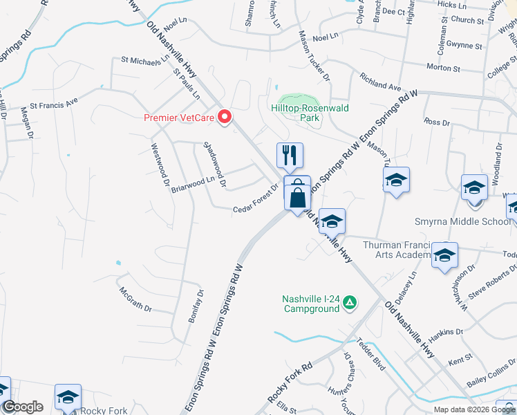 map of restaurants, bars, coffee shops, grocery stores, and more near 117 Cedar Forest Drive in Smyrna