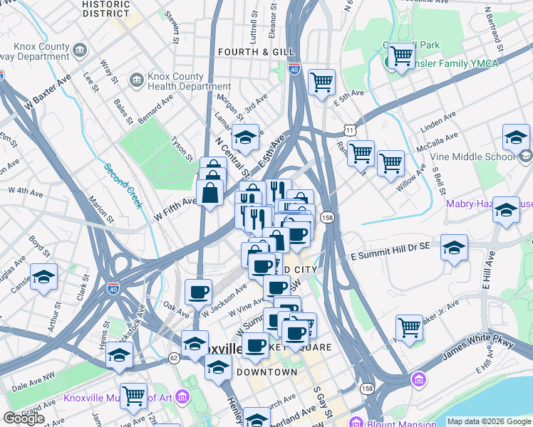 map of restaurants, bars, coffee shops, grocery stores, and more near 209 Common Avenue in Knoxville