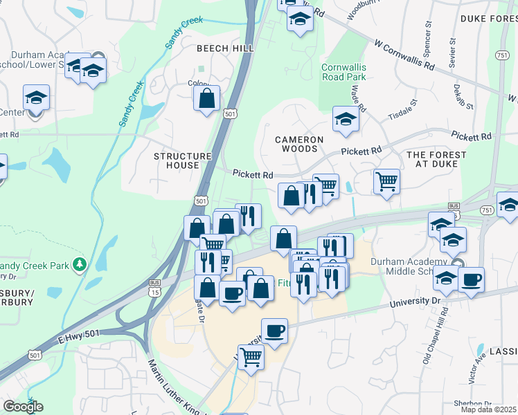 map of restaurants, bars, coffee shops, grocery stores, and more near 315 Morcroft Lane in Durham