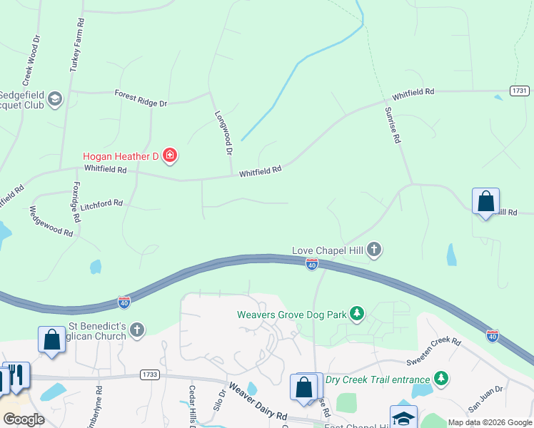 map of restaurants, bars, coffee shops, grocery stores, and more near 3513 Forest Oaks Drive in Chapel Hill