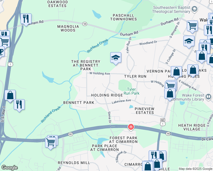 map of restaurants, bars, coffee shops, grocery stores, and more near 540 Rodney Bay Crossing in Wake Forest