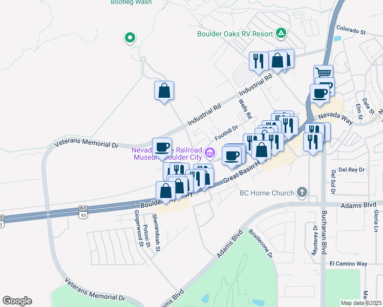 map of restaurants, bars, coffee shops, grocery stores, and more near 83 Foothill Drive in Boulder City