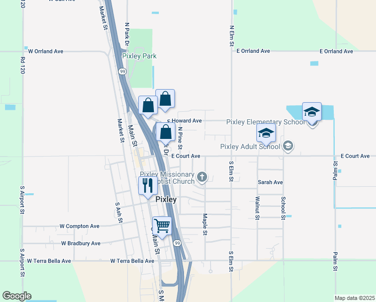 map of restaurants, bars, coffee shops, grocery stores, and more near 156 North Pine Street in Pixley