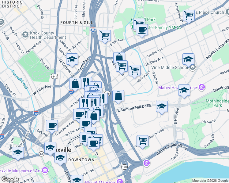 map of restaurants, bars, coffee shops, grocery stores, and more near 4 Hall of Fame Drive in Knoxville