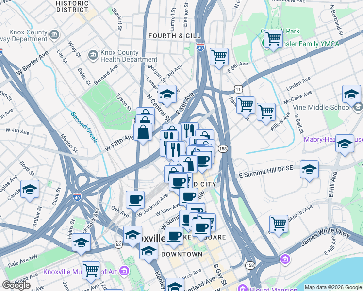 map of restaurants, bars, coffee shops, grocery stores, and more near 209 Common Avenue in Knoxville