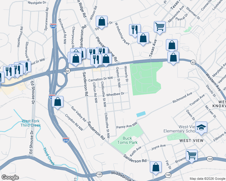 map of restaurants, bars, coffee shops, grocery stores, and more near 2601 Piedmont Street Northwest in Knoxville