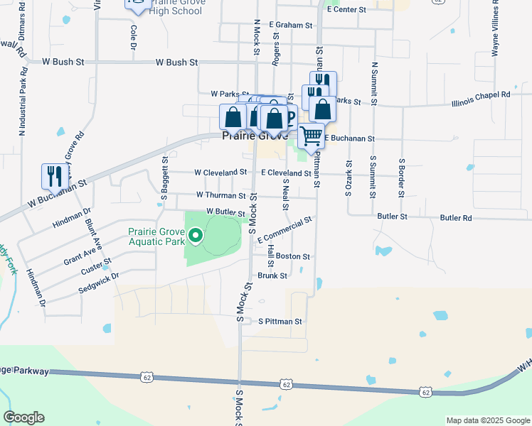 map of restaurants, bars, coffee shops, grocery stores, and more near 403 South Mock Street in Prairie Grove