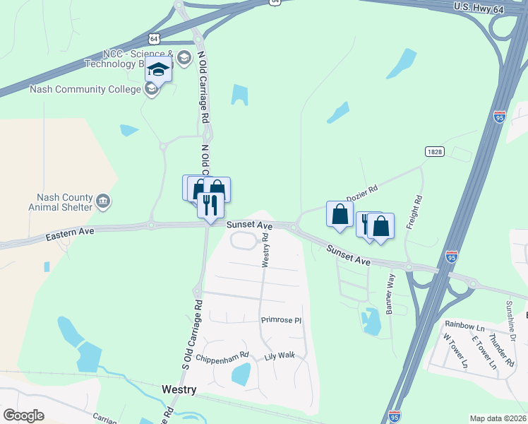 map of restaurants, bars, coffee shops, grocery stores, and more near 4710 Sunset Avenue in Rocky Mount