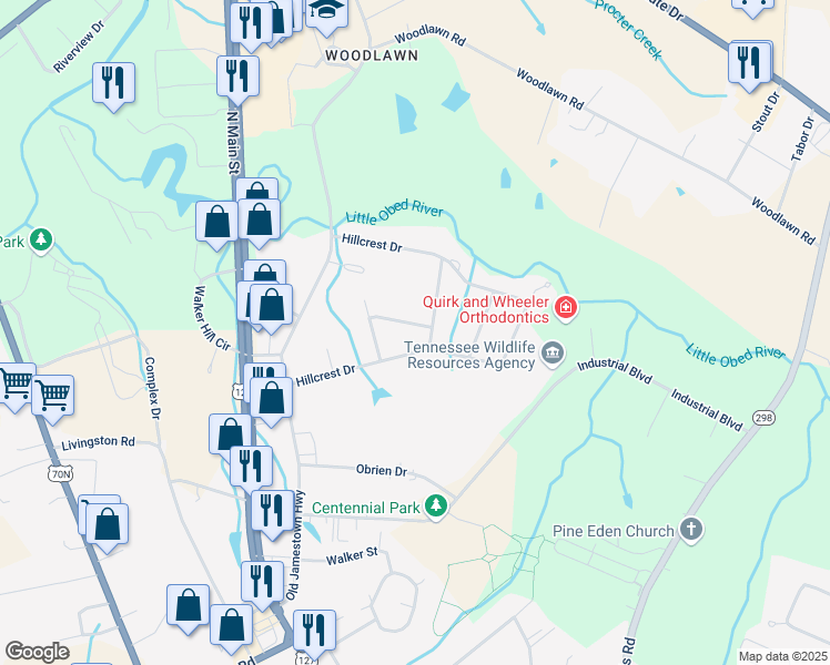 map of restaurants, bars, coffee shops, grocery stores, and more near 100 Sheree Street in Crossville