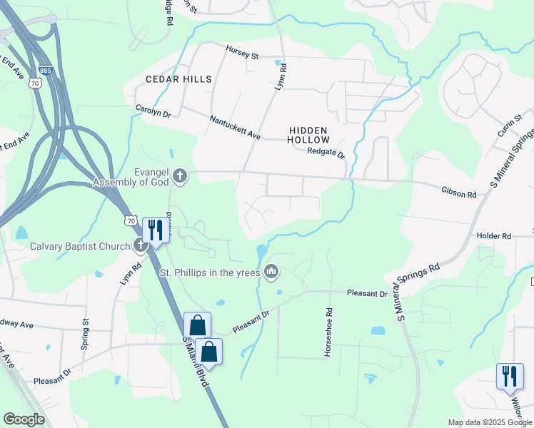 map of restaurants, bars, coffee shops, grocery stores, and more near 3309 Oriskony Way in Durham