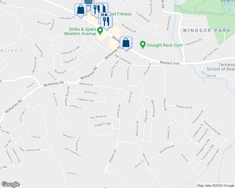 map of restaurants, bars, coffee shops, grocery stores, and more near 4523 Lynnmont Road in Knoxville