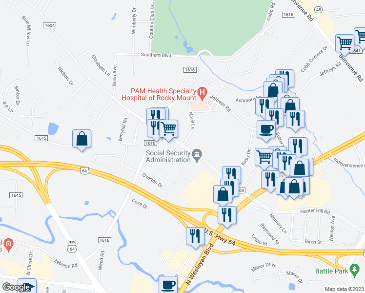 map of restaurants, bars, coffee shops, grocery stores, and more near 800 Noell Lane in Rocky Mount