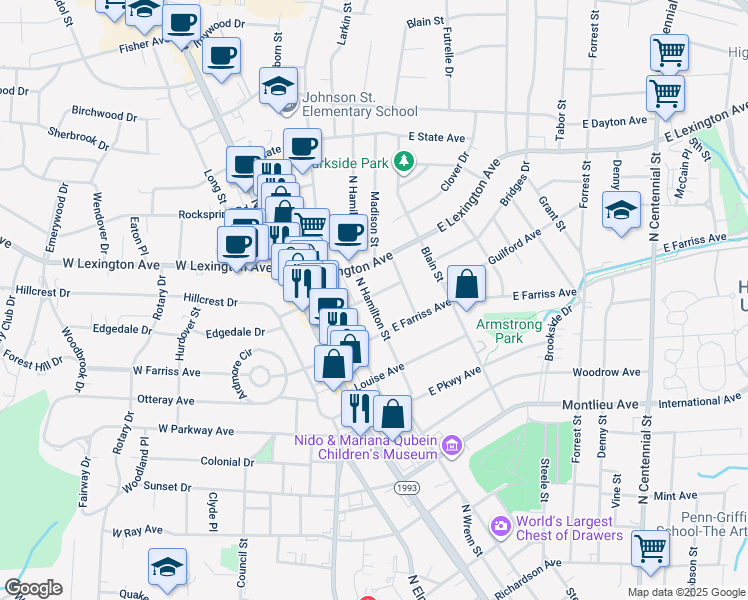 map of restaurants, bars, coffee shops, grocery stores, and more near 1114 North Hamilton Street in High Point