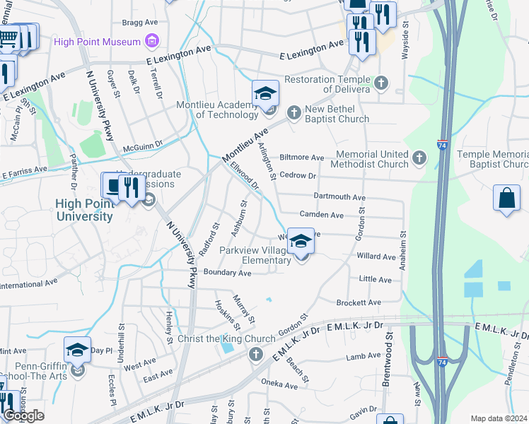 map of restaurants, bars, coffee shops, grocery stores, and more near 612 Ellwood Drive in High Point