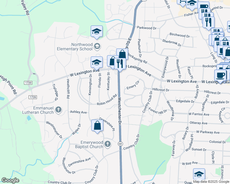 map of restaurants, bars, coffee shops, grocery stores, and more near 1000 Robinhood Road in High Point