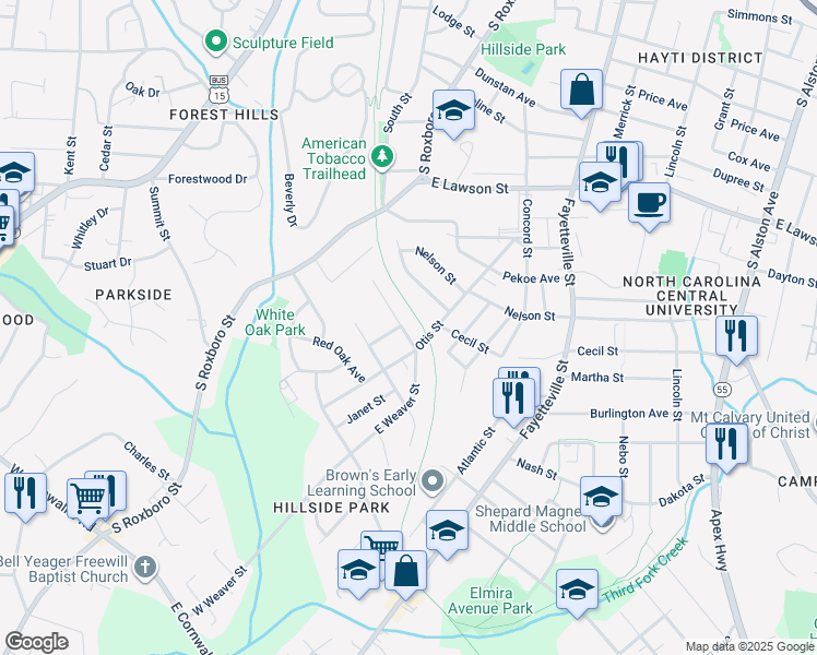 map of restaurants, bars, coffee shops, grocery stores, and more near 108 West Weaver Street in Durham