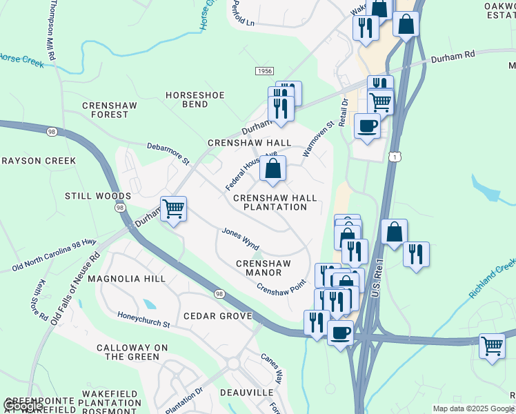 map of restaurants, bars, coffee shops, grocery stores, and more near 1116 Clatter Avenue in Wake Forest