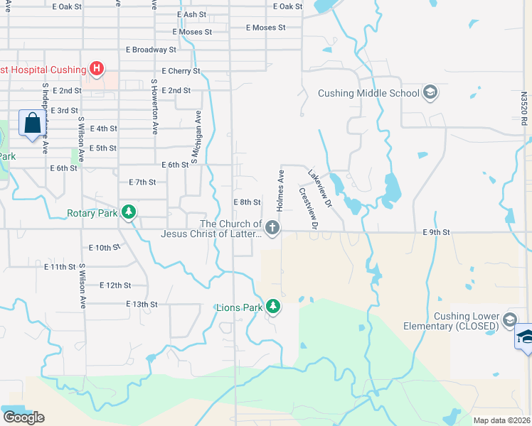 map of restaurants, bars, coffee shops, grocery stores, and more near 927 Holmes Avenue in Cushing