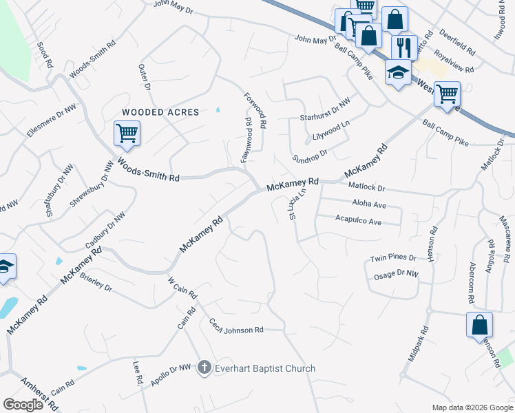 map of restaurants, bars, coffee shops, grocery stores, and more near 5942 Aruba Lane in Knoxville