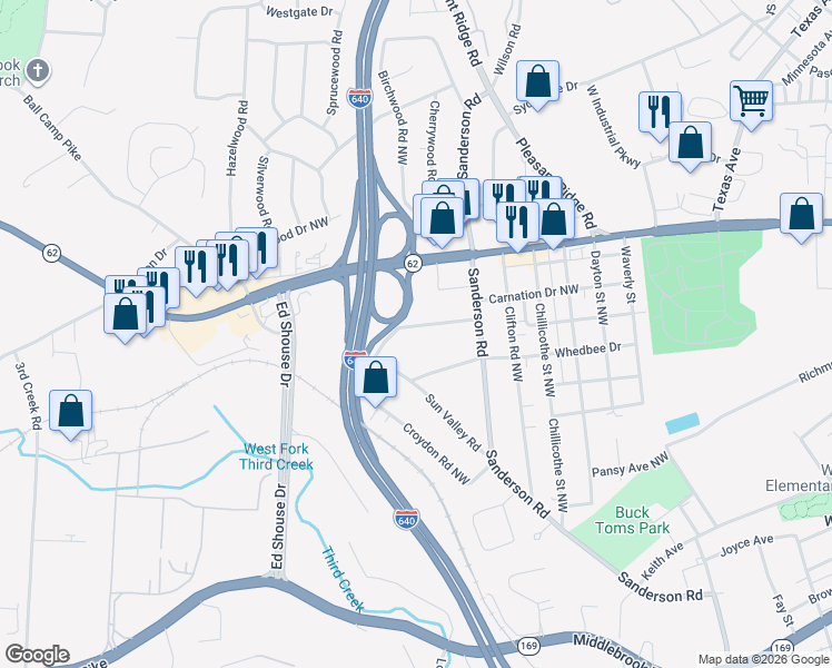 map of restaurants, bars, coffee shops, grocery stores, and more near 3916 Carnation Drive Northwest in Knoxville