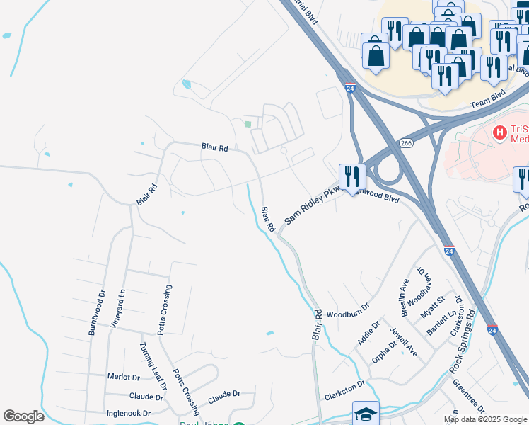 map of restaurants, bars, coffee shops, grocery stores, and more near 293-363 Blair Road in Smyrna