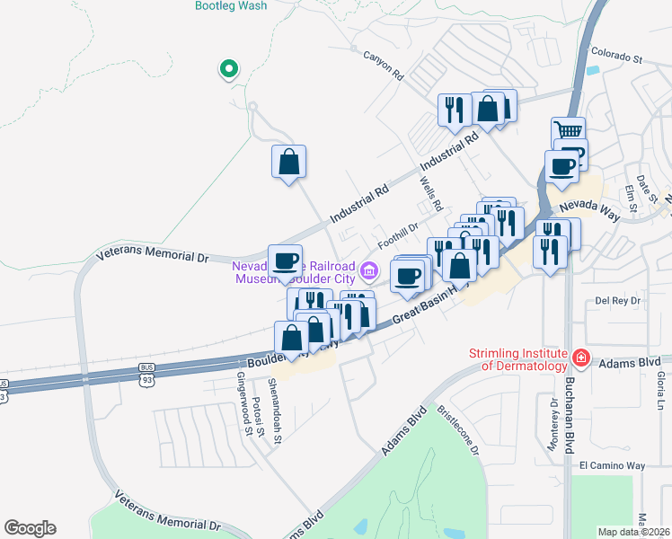 map of restaurants, bars, coffee shops, grocery stores, and more near 83 Foothill Drive in Boulder City